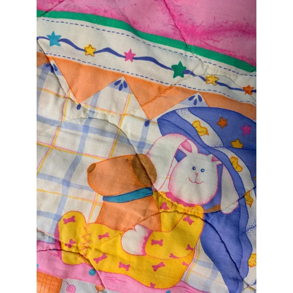Vintage Pastel Quilted Baby Blanket Ruffle Trim Bear Bunny Dog Nursery Quilt